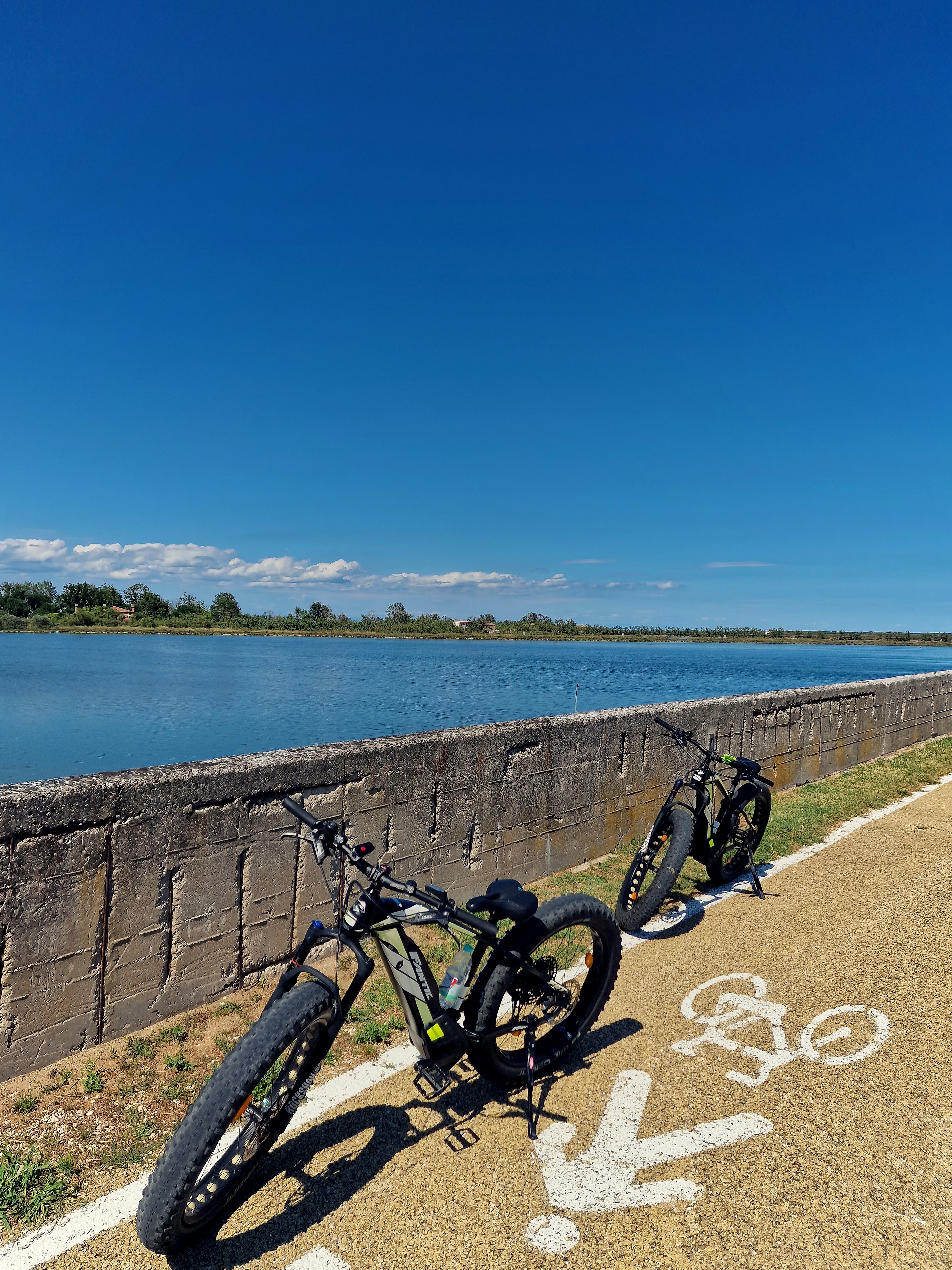 Two fat bikes parked on a cycling path next to the lagoon