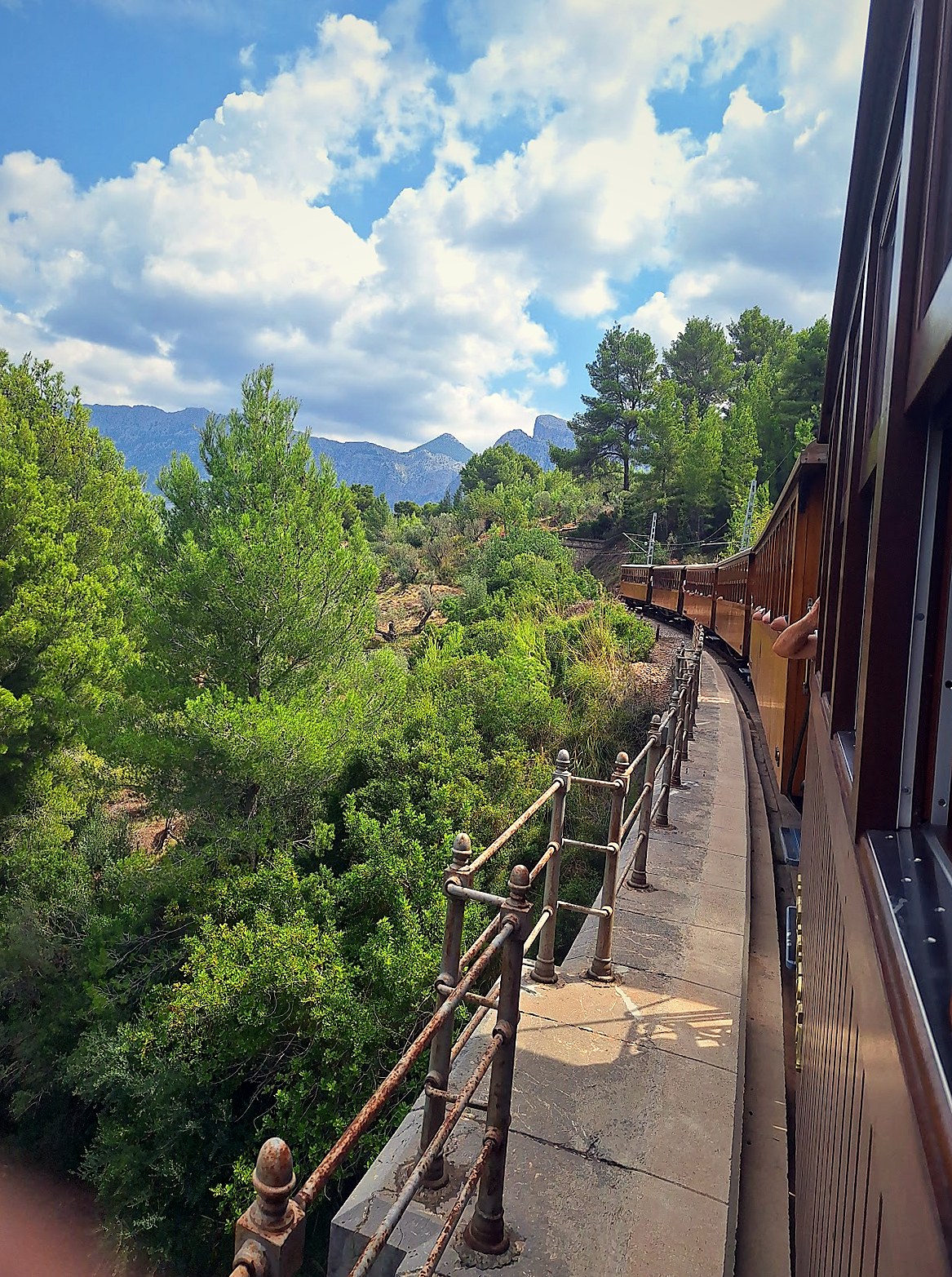 Wooden carriages of the Ferrocarril de Sóller train rounding a curve through the Tramuntana mountains
